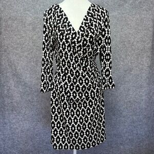 Cato‎ Black White Geometric Faux Wrap Ruched Stretchy Travel Career Dress Small